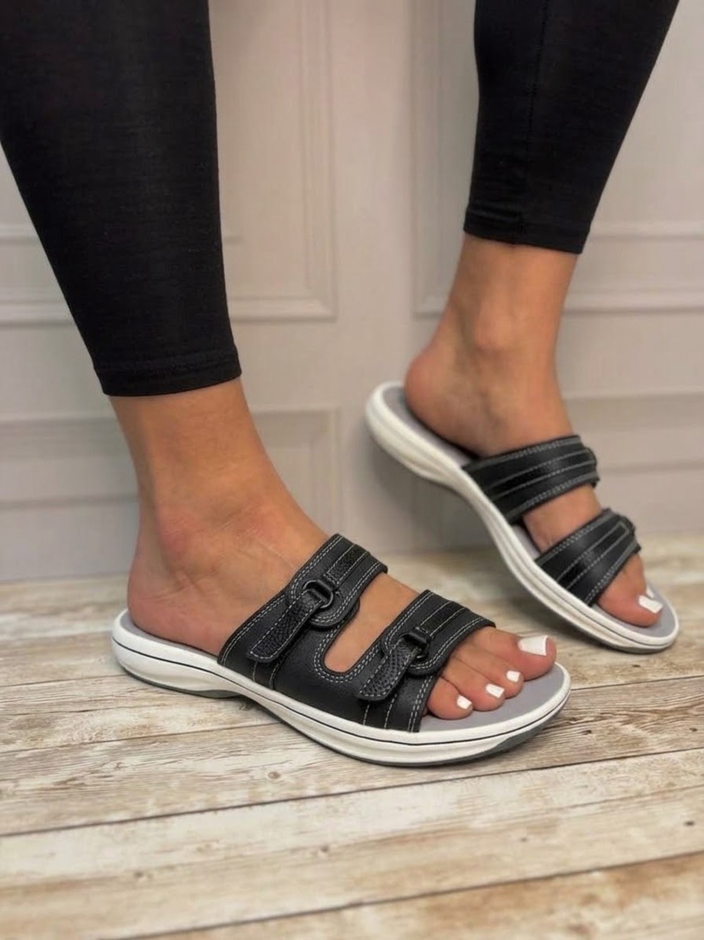 Clarks Cloudsteppers Breeze Piper Black Comfort Slide Sandals Women's Size 11 M